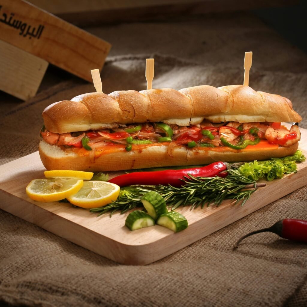 Mouth-watering sandwich with vegetables and sausage on wooden board, perfect for a delicious meal.